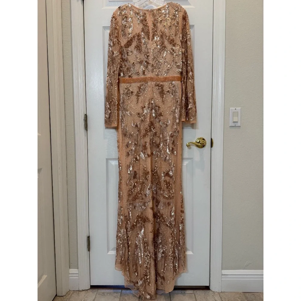 Mac Duggal 5222 Pink Sequined Faux Wrap Split Long Sleeve Gown Size 10 NWOT - Picture 5 of 10